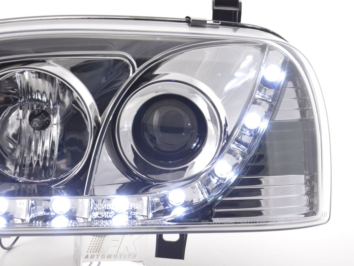 Scheinwerfer Set Daylight LED TFL-Optik VW Golf 3 Typ 1HXO 1EXO 91-97 chrom Scheinwerfer Set Daylight LED TFL-Optik VW Golf 3 Typ 1HXO 1EXO 91-97 chrom